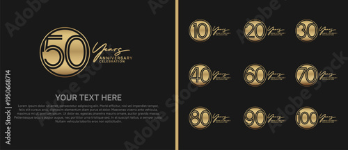 anniversary logo set with circle. golden color on black background for celebration moment