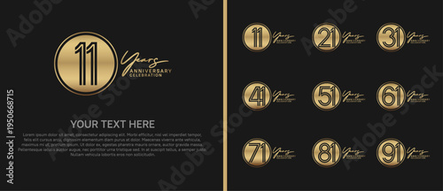 anniversary logo set with circle. golden color on black background for celebration moment