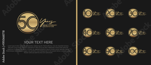 anniversary logo set with circle. golden color on black background for celebration moment