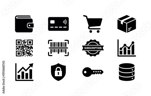 Digital wallet icon, contactless payment card, online shopping cart, parcel delivery box, QR code square, barcode scan icon,