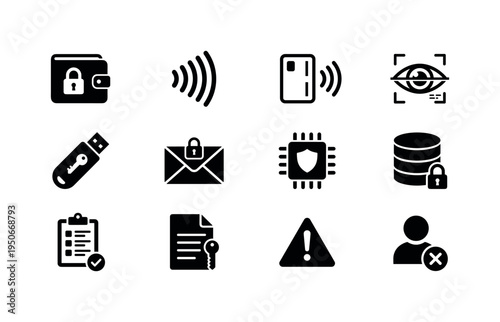 Digital wallet secure icon, contactless payment wave symbol, NFC tap card icon, biometric iris scan symbol, hardware security key