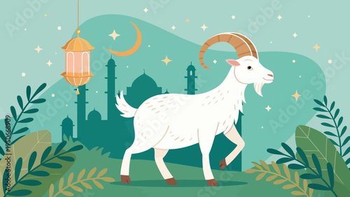 A white goat with curved horns stands in front of a mosque under a starry sky with a crescent moon