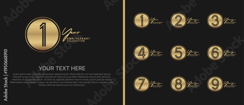 anniversary logo set with circle. golden color on black background for celebration moment