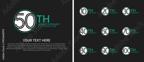 anniversary logo set with circle. white and green color on black background for celebration moment