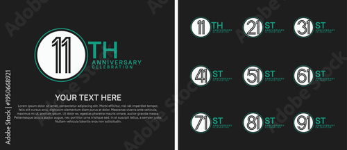anniversary logo set with circle. white and green color on black background for celebration moment