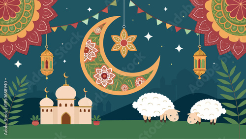 A colorful illustration of a mosque and sheep under a crescent moon and stars at night