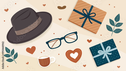 A romantic flat lay of gifts and accessories on a beige background with hearts and leaves