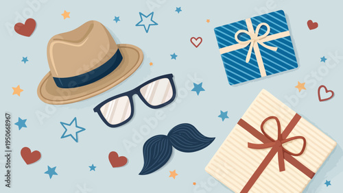 A playful flat lay of birthday props including a hat, glasses, mustache, and gifts on a light blue background with colorful stars and hearts.