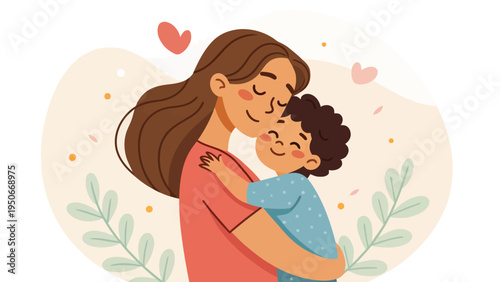 A loving mother embracing her child with hearts and leaves in the background
