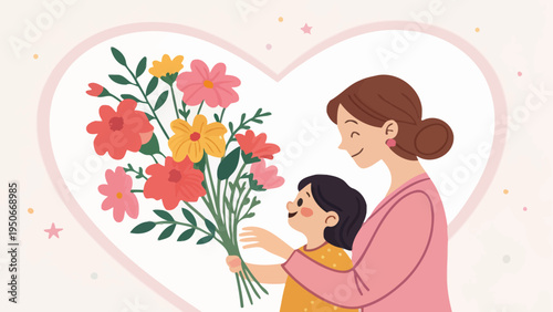 A heartwarming illustration of a mother and daughter sharing a tender moment with flowers