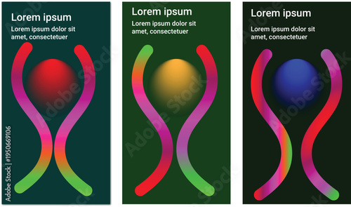 Three vertical graphic posters featuring minimalist abstract shapes and vibrant color gradients Vector