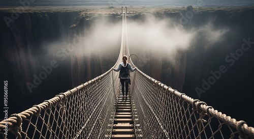 Person Walking on Rope Bridge Over Deep Canyon with Clouds and Mist