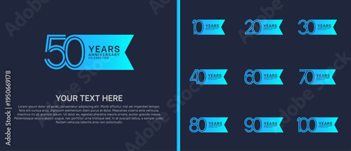 anniversary logo set with ribbon shape. blue color on blue background for celebration moment