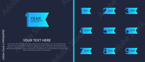 anniversary logo set with ribbon shape. blue color on blue background for celebration moment