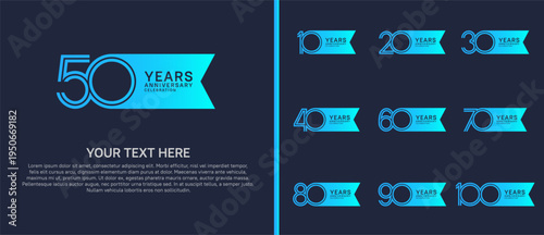 anniversary logo set with ribbon shape. blue color on blue background for celebration moment