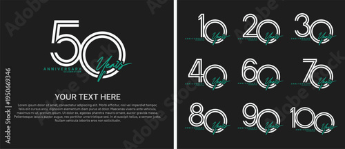 anniversary logo set with handwriting. white and green color on black background for celebration moment