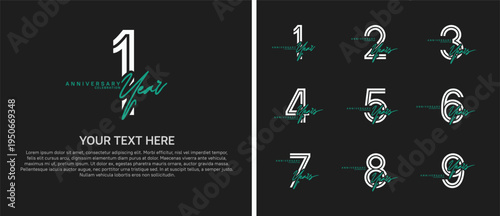 anniversary logo set with handwriting. white and green color on black background for celebration moment