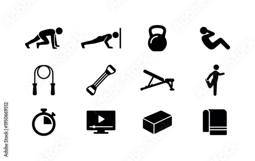 Mountain climber workout icon, wall push up symbol, kettlebell clean press icon, sit up crunch figure symbol, jump rope silhouette