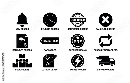 Online order dashboard screen, new order notification bell, pending order clock icon, confirmed order stamp badge, canceled order