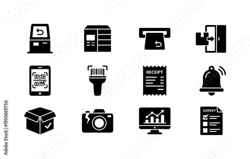Self service return kiosk, automated return locker box, return slot opening icon, insert parcel into locker symbol, return QR scan