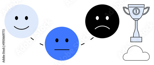 Emotions concept. Three emotion faces different emotions and their journey to success by a trophy. Emotions play a key role in progress and achievements. For psychology, self-improvement, teamwork
