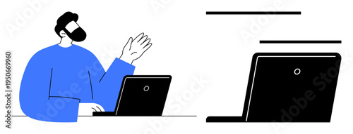 Person waving during an online video meeting with two laptops in a minimalistic setting. Ideal for remote work, communication, technology, connection, teamwork, productivity, collaboration. Simple