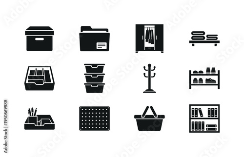 Storage box with lid icon, labeled file folder symbol, closet with hanging clothes icon, shelf with folded towels symbol, drawer