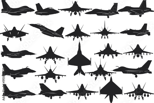 PrintFighter Jet Silhouettes, Military Aircraft Illustration, Aviation Design, Warplane Icons, Aerospace Study, Combat Jet Shapes, Black Outline, Tactical Aircraft, Defense Symbol, Air Force Graphic