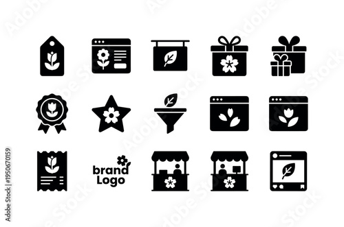 Tulip promo tag icon, online checkout screen with flower symbol, seasonal ad banner with leaf icon, gift wrap with blossom symbol,