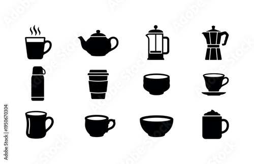 Glass mug with steam icon, clay teapot icon, French press coffee maker, moka pot stovetop icon, thermos flask symbol, paper coffee