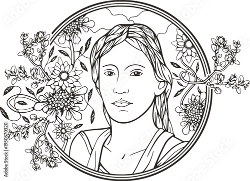 Beautiful bride floral portrait, vector series. Elegant young woman in natural background. Art deco girl, princess. Great for art projects, beauty, fashion and wedding designs, coloring booklets.