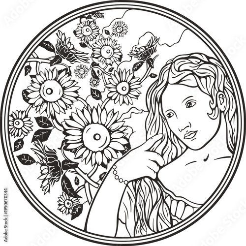 Beautiful bride floral portrait, vector series. Elegant young woman in natural background. Art deco girl, princess. Great for art projects, beauty, fashion and wedding designs, coloring booklets.