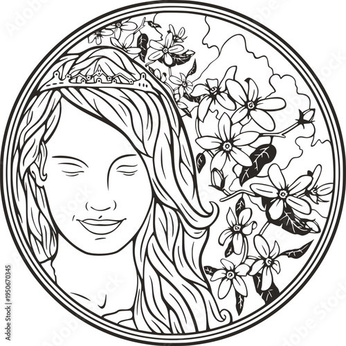 Beautiful bride floral portrait, vector series. Elegant young woman in natural background. Art deco girl, princess, queen. Great for art, beauty, fashion and wedding designs, coloring booklets.