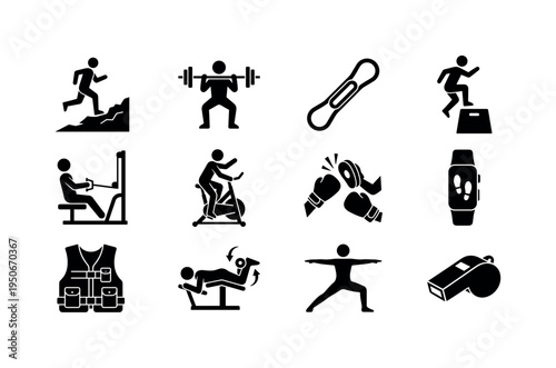 Squat exercise figure icon, bench press barbell symbol, mountain climber workout icon, rowing machine icon, battle rope training