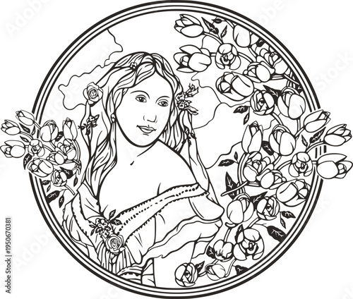 Beautiful bride floral portrait, vector series. Elegant young woman in natural background. Art deco girl, princess. Great for art projects, beauty, fashion and wedding designs, coloring booklets.