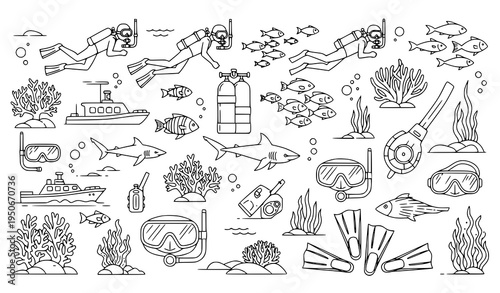 A collection of black and white line art illustrations depicting various scuba diving related items including divers, fish, boats, coral, and snorkeling gear on a white background
