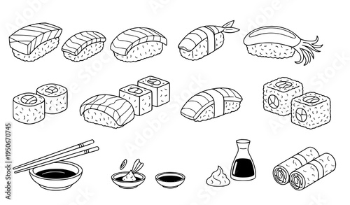 A minimalist black and white line art vector graphic illustration of various sushi rolls and Japanese food items including maki rolls sashimi nigiri and condiments on a clean white background