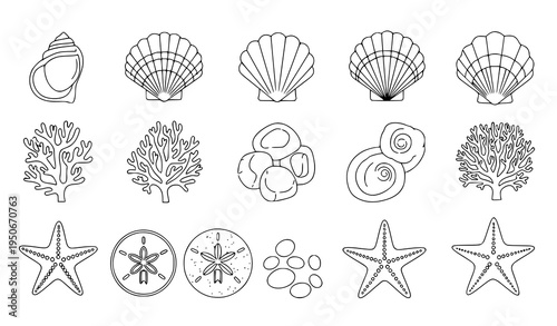 A set of ocean icons featuring various sea creatures and coral in a minimalist line art style on a white background