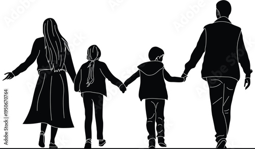 Vector silhouette of a nuclear family of four including a father a mother, a son and a daughter. silhouette of a family holding hands while walking.