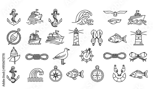 A collection of nautical vector icons featuring various marine symbols and objects in a simple line art style on a white background