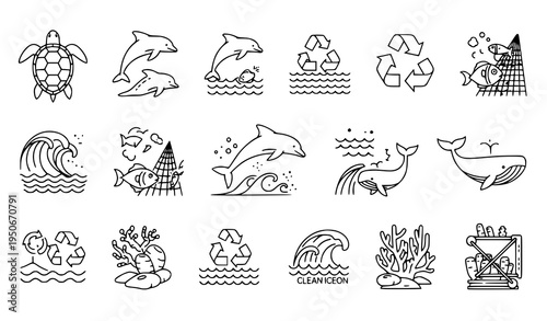 A collection of 16 black and white line art vector icons depicting various marine life and eco-friendly symbols on a white background