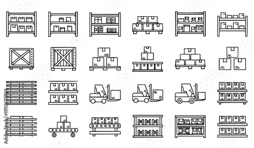 A collection of black and white line art illustrations depicting various warehouse and storage icons including shelving units pallets forklifts and cargo containers in a minimalist flat design style