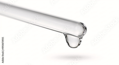 Extreme macro of a minimalist glass stirring rod with a crystal-clear liquid droplet clinging to the rounded tip.
