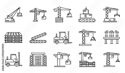 A set of construction and industrial icons featuring various cranes and heavy machinery in a minimalist line art style on a white background