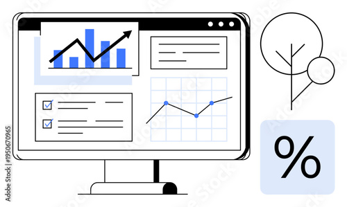 Business analysis, data visualization, financial reports, performance review, statistical monitoring, digital tools. Computer monitor displaying graphs and charts. Business analysis and data