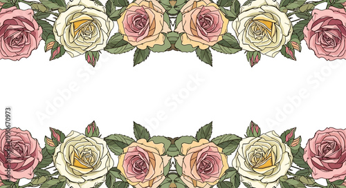 Elegant Floral Border with Vintage Roses and Green Leaves.