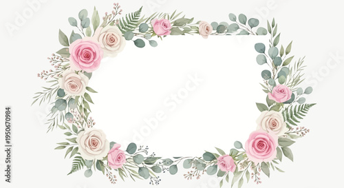 Elegant Floral Border with Soft Pink Roses and Greenery.