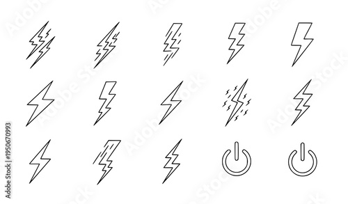 A set of vector graphic lightning bolt icons in various styles and orientations on a white background including power symbols
