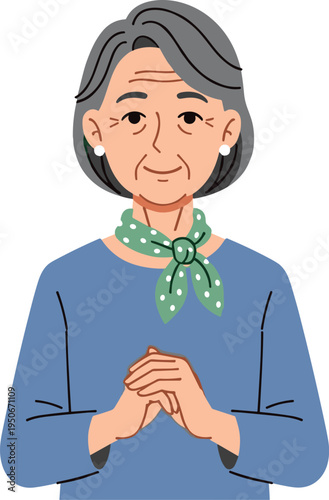 A smiling elderly woman with her hands clasped together on transparent background