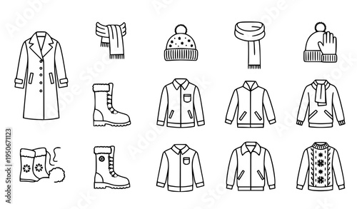 A minimalist black and white vector graphic illustration of various winter clothing items including coats, jackets, boots, hats, and scarves arranged in a grid pattern on a white background